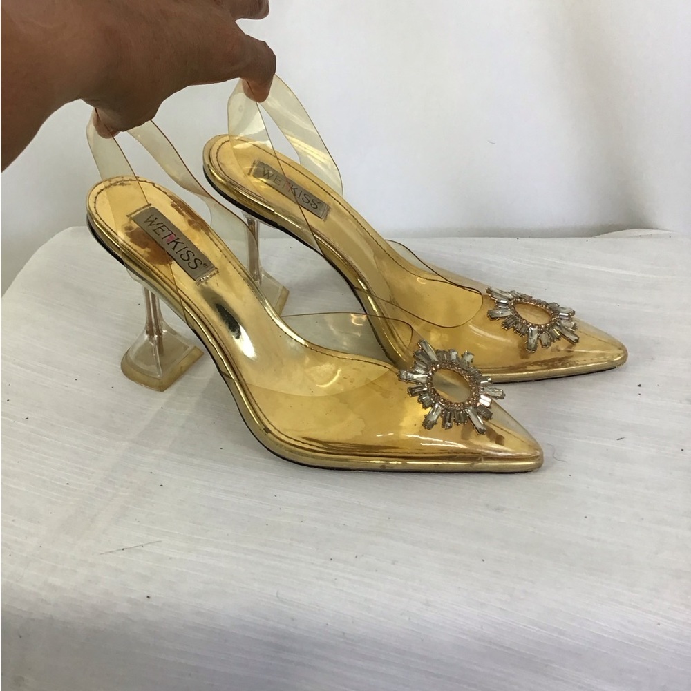 WETKISS WOMEN ELEGANT UNIQUE FORMAL GOLD TRANSPARENT TOP RHINESTONE HEELS SZ 9.5 - Picture 2 of 6